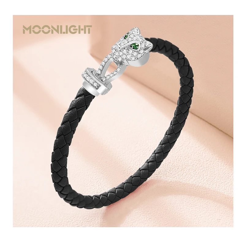 MOONLIGHT Classic Design Exquisite Cheetah Zircon Bracelet for Women Braided Leather Bracelet Quality Banquet Couples Gift