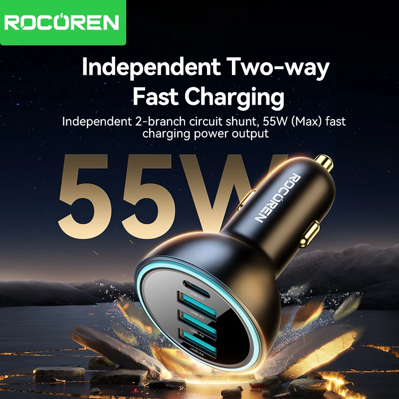 Rocoren 4 in 1 USB Type C 55W Car Charger QC3.0 Fast Charging Car Quick Charger Adapter for Car Audio iPhone 15 Xiaomi Samsung