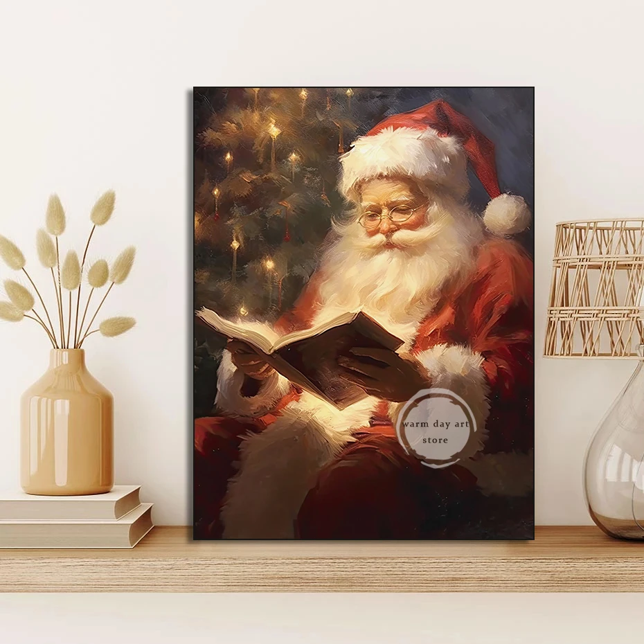 Christmas Gift Boxes Santa Claus Reading Book Poster Print Snowy Village Nutcrackers Canvas Painting for Living Room Home Decor