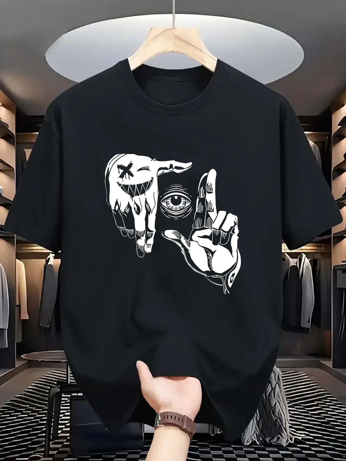 

1091 Gesture Eye Printed T-Shirt 100% Cotton O-Neck Short Sleeve Summer Casual Mens T-shirt Streetwear