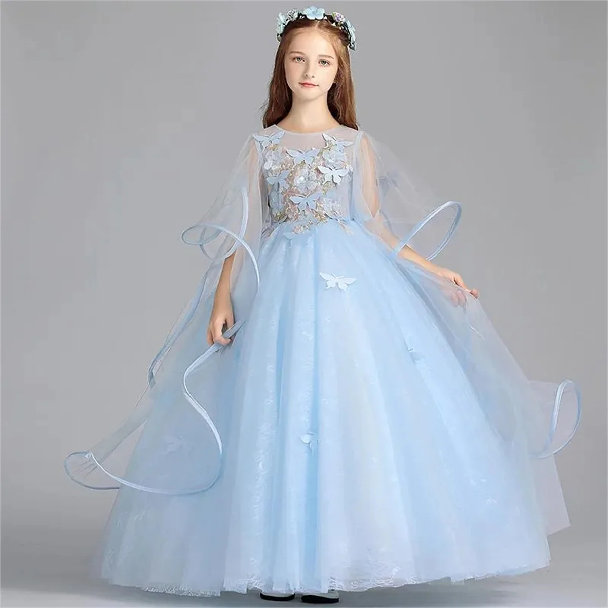 Bloem Meisje Jurk Blauwe Pluizige Tule Applique Stroken Bruiloft Mooie Bloem Kind Heilige Communie Verjaardagsfeestje Prinses Jurk