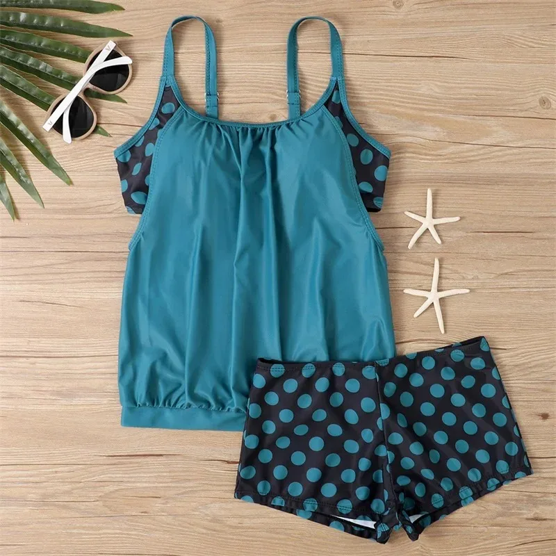 2 Piece Women's Plus Size Swimwear Spliced Polka Dot Print Split Trunks Swimsuit Summer 2025 New Casual Beachwear Bathing Suit