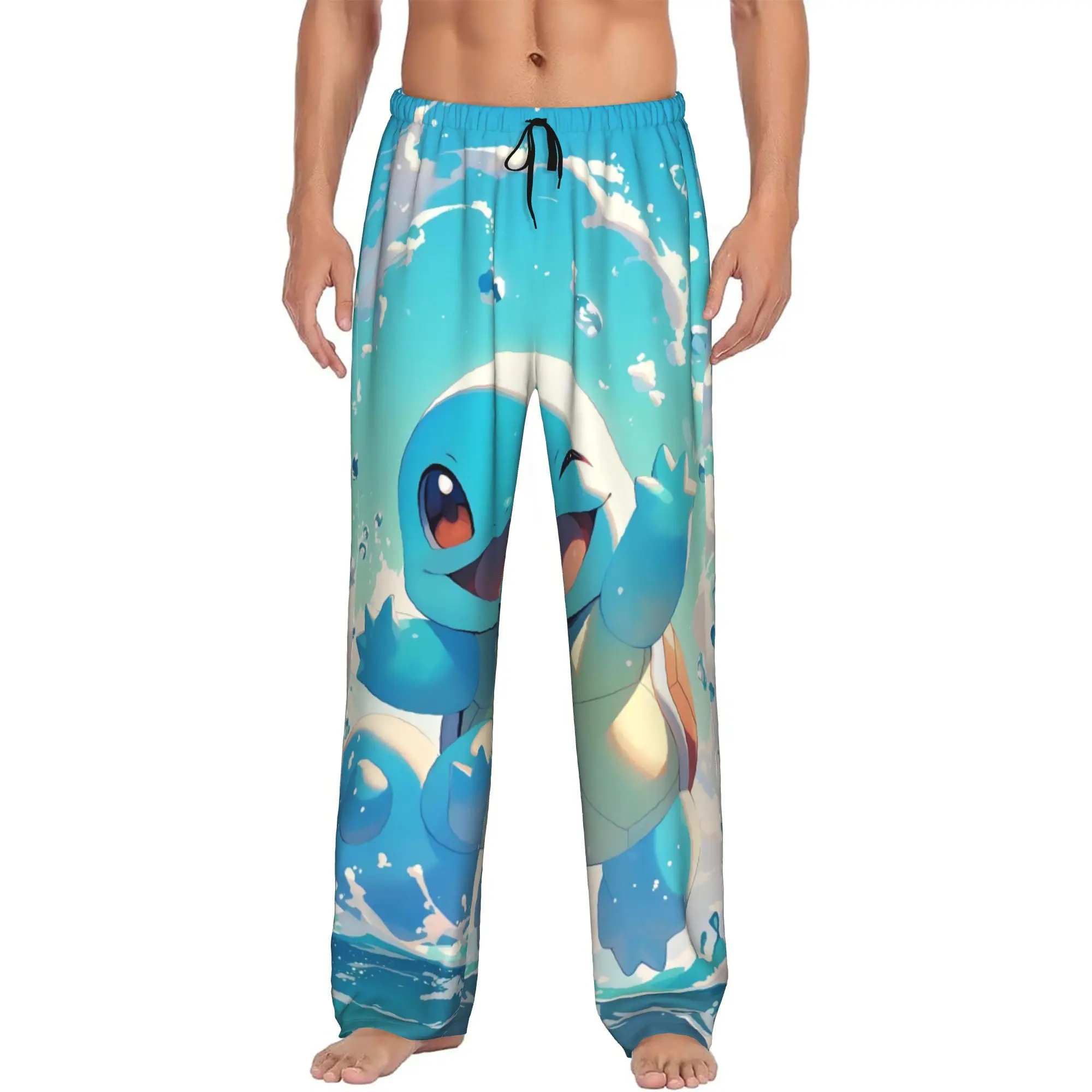 Custom S-Squirtled Turtle Cartoon Pajama Pants Sleepwear for Men Elastic Waistband Anime Sleep Lounge Bottoms with Pockets