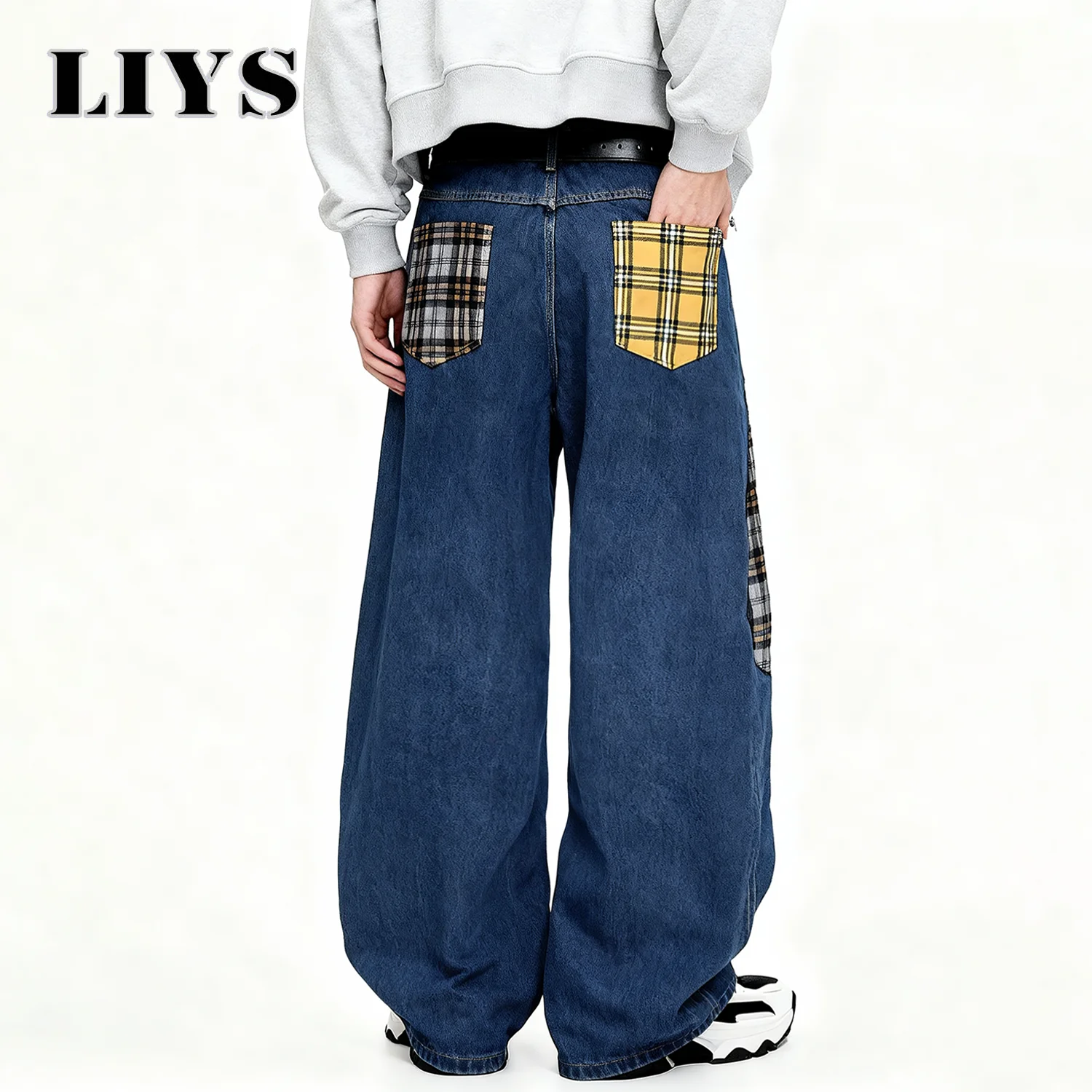 جديد الرجال الموضة الأزرق الرجعية فضفاض واسعة الساق الجينز الكورية الشارع منقوشة التصحيح النسيج العصرية العلامة التجارية الدنيم السراويل للجنسين الذكور الملابس #3