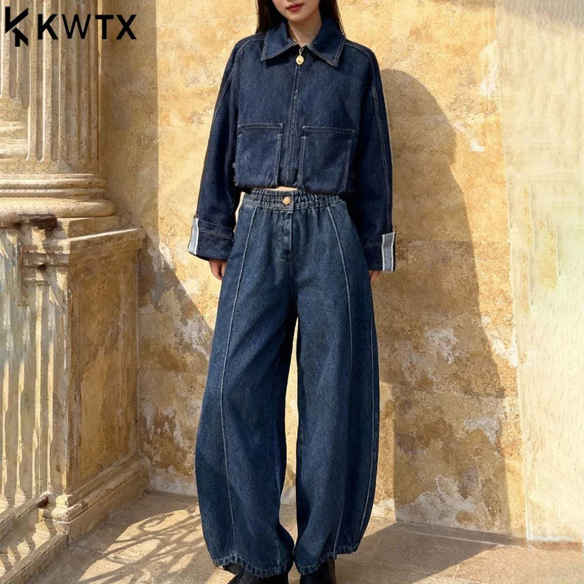 

KWTX 2025 New Women’s Solid Denim Jacket Wide Leg Pants Two Piece Set Casual Zipper Lapel Elegant Comfort Autumn Spring Outfit