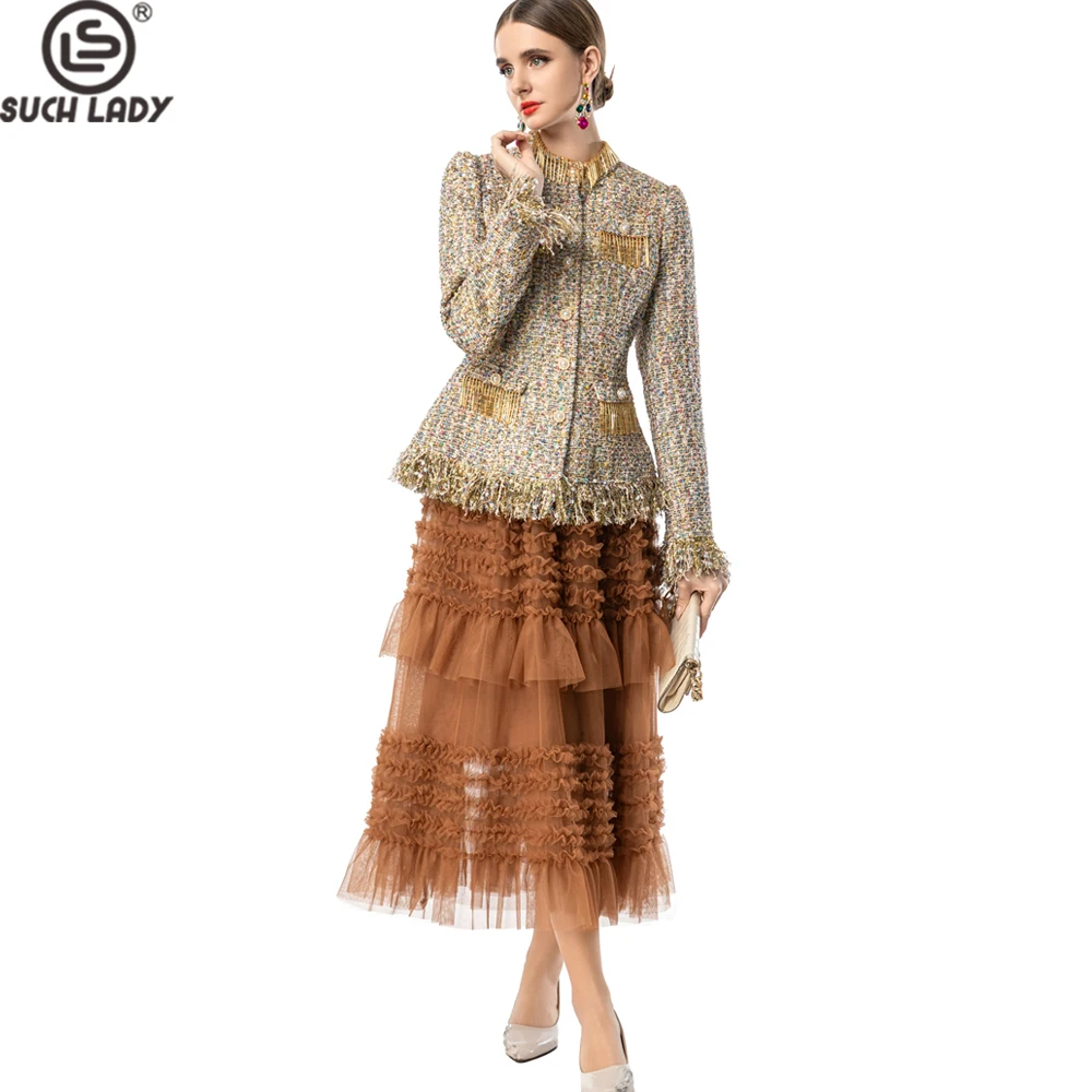 Women's Tweed Fringed Jacket & Tulle Ruffled Midi Skirt Set - Elegant Two Piece Outfit with Beaded Collar and Pearl Buttons