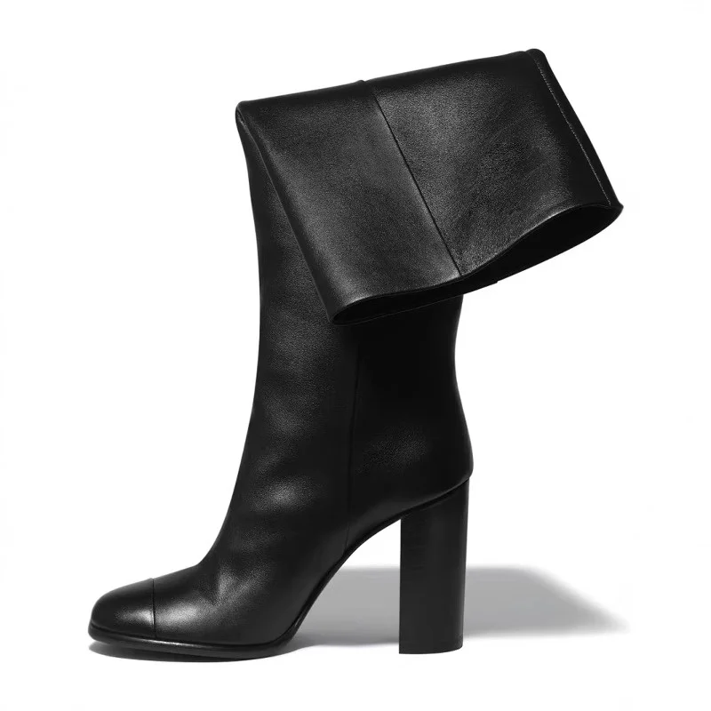 

Черные матовые кожаные сапоги до колена на блочном высоком каблуке с круглым носком без шнуровки, женские зимне-осенние модельные туфли для подиума