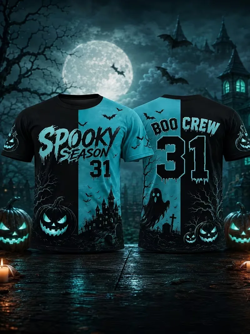 Yellow Black Split Halloween 3D Printed Jersey Spooky Season Boo‑Crew 31 T-shirt Pumpkin Ghost Bat Gothic Fall Party Sports Tees