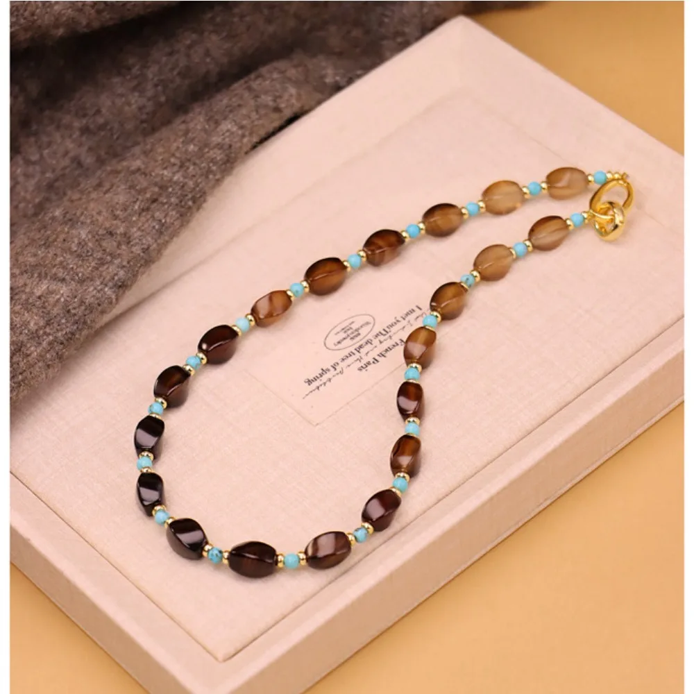 Statement Medieval Tiger Eye Stone Natural Agate Natural Blue Turquoise Necklace Niche Retro Sweater Chain Necklace