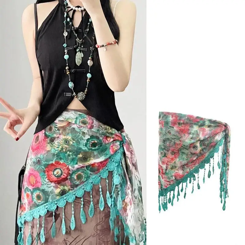 Boho-Quasten-Dreieckstuch Vintage-Blumendruck-Spitzen-Taillenwickelrock Damen-Quasten-Fransen-Schal Strandkopftuch Taillengürtel – Detail 3