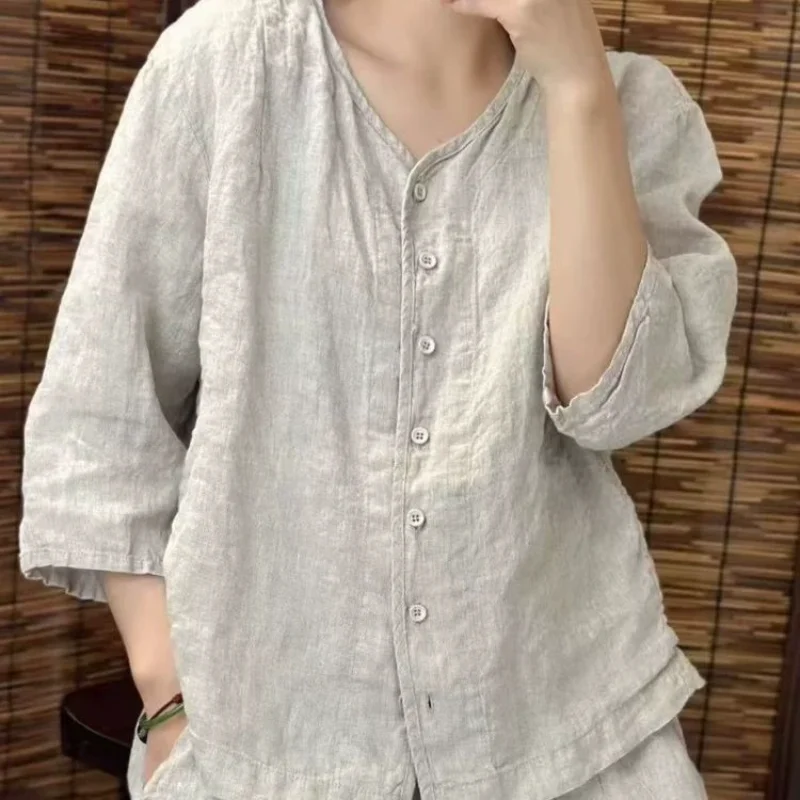 Women's V Neck Linen Button Up Shirt 3/4 Sleeve Casual Loose Summer Blouse