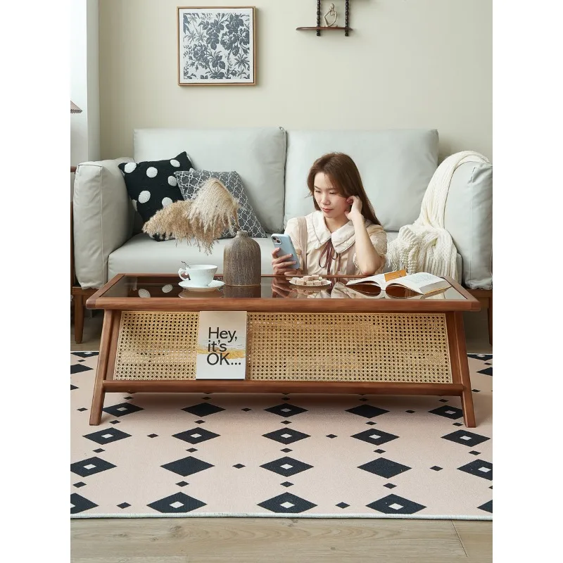 French retro coffee table solid wood rattan living room household dining table dual-purpose glass rectangular simple modern smal