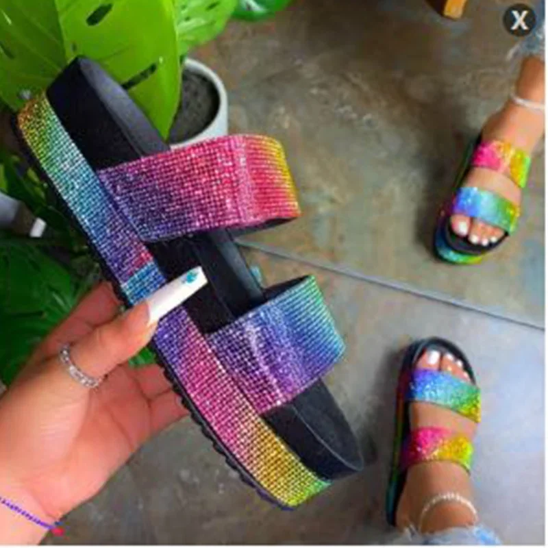 2023 New Summer Footwear Flat Crystal Rhinestone Slippers Big Size 43 Women Comfortable Sandals Platform Slide Shoes Ladies