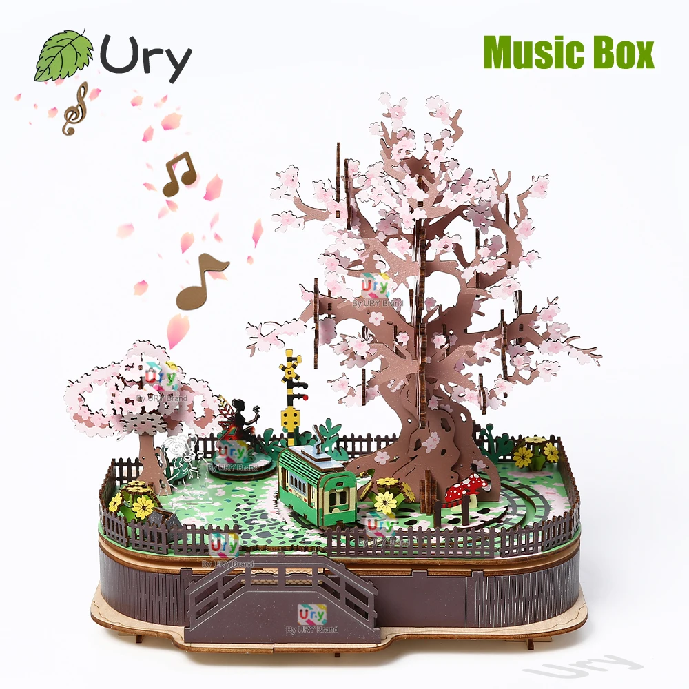 

Ury 3D Wooden Puzzle Colorful Cherry Blossom Tree Rotatable Tourist Train Music Octave Box Model Assembly DIY Toy Gift for Adult