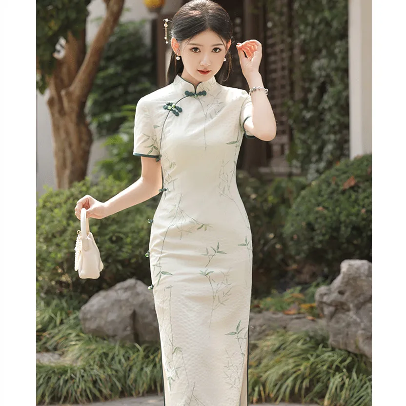 Summer Slim Fit Eight Button Long Daily Qipao Women Short Sleeve Printed Cheongsam Dress