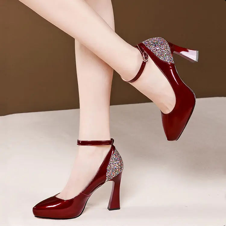 Women Cute colorful Stylish Round Toe Black Pu Leather Square Heel Pumps Lady Casual Wine Red Comfort Fashion High-heeled shoes