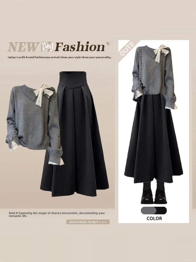 set lavorato a maglia opaco donna inverno Aosphere Knot ey Top vita alta dimagrante set due pezzi gonna longuette a vita alta