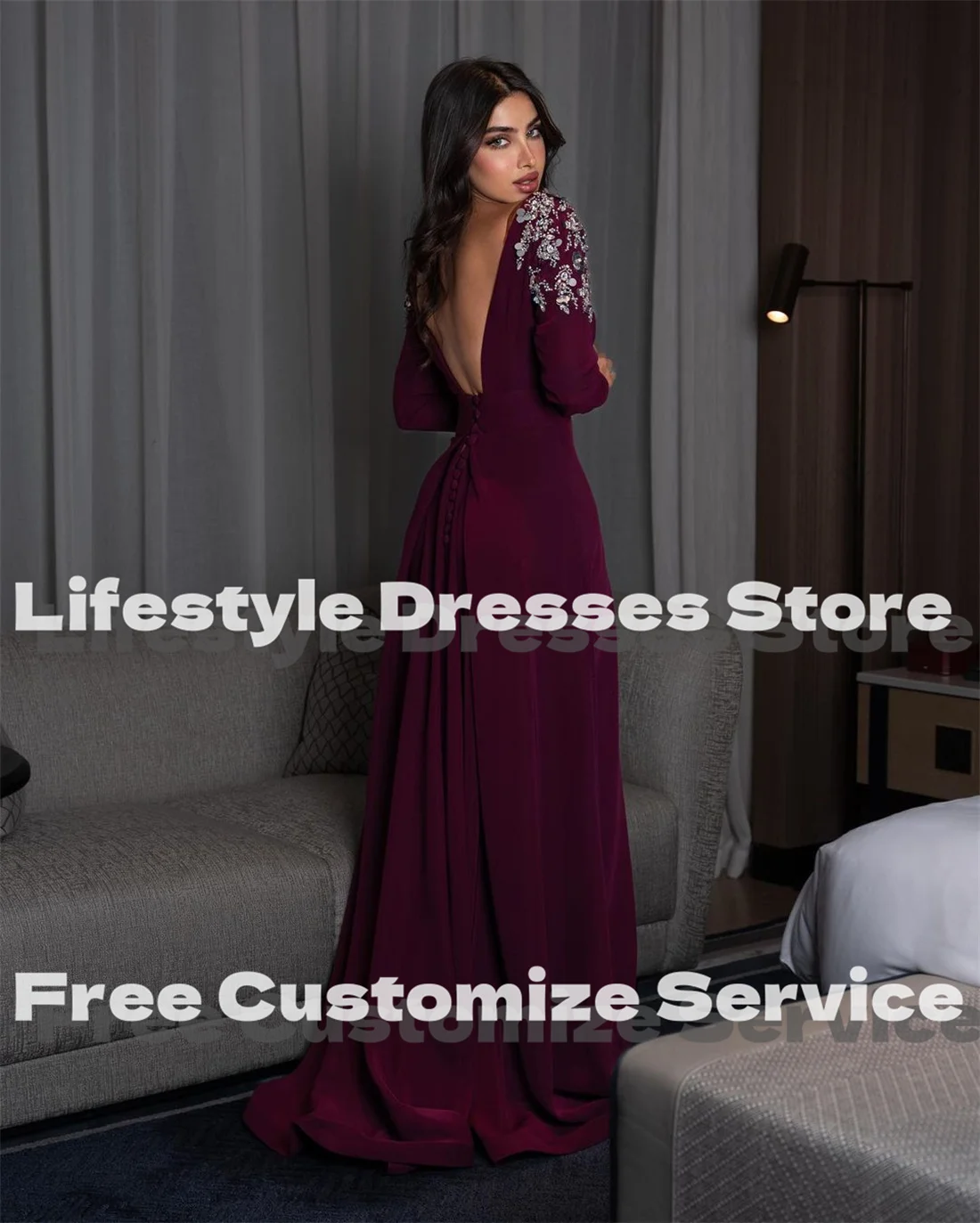 Customized Beadings Elegant Prom Dresses Full Sleeves Backless Evening Dresses For Formal Occasion Saudi Arabia Party Gown