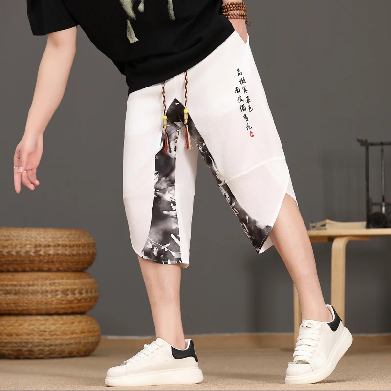 

Men's Summer Ice Silk Thin Casual Seven-Foot Loose Wide Leg Pants Harajuku Sle Elastic Waist Polyester Fiber Breathable