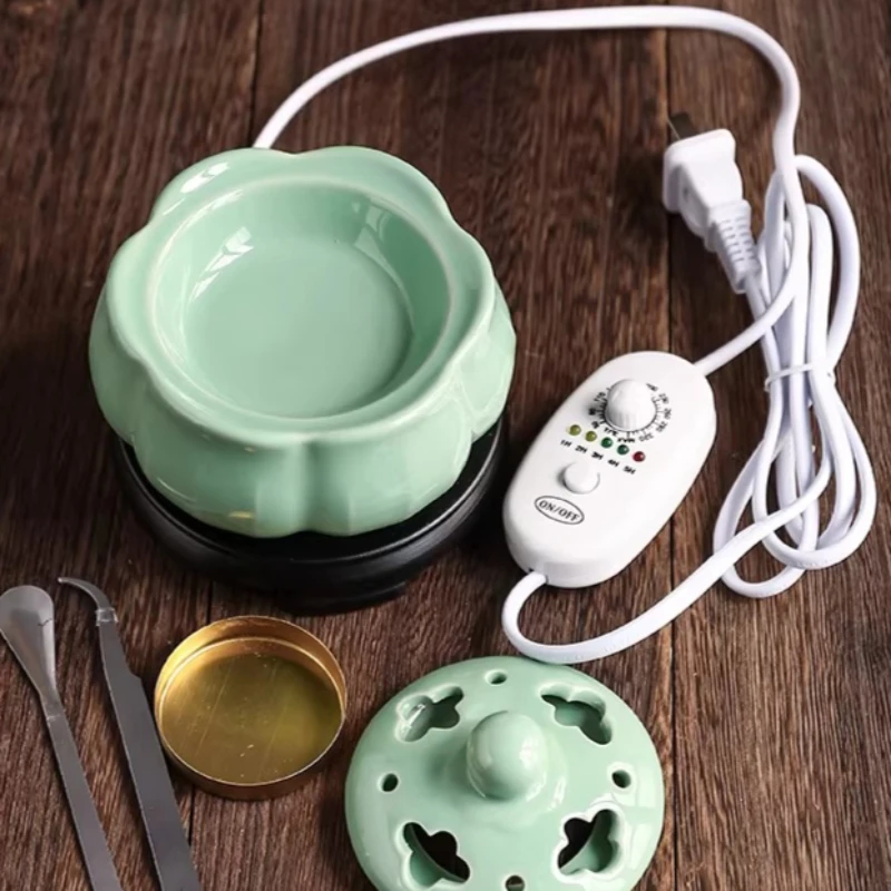 Timed 110v/220v Electric Incense Burner Green Ceramics Lotus 50-250° REED DIFFUSER Fragrant Stove for Home Decor Ornaments