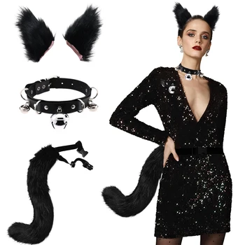 Faux Fur Cat-Foxes Ears Headband With Tail Set Fox Ears And Tail Set Tail Foxes-Cat Ears Paw Gloves Tail Costume Party Carnivals