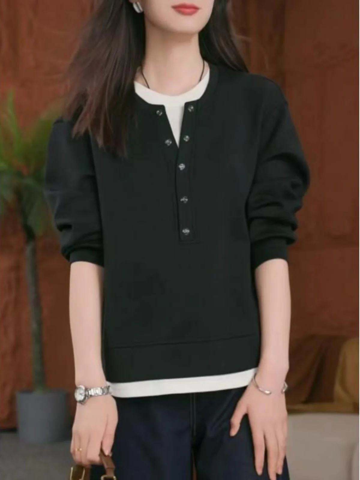 

Свободный крой, длинный рукав, круглый вырез, женский свитшот, базовый топ, весенний сезон, большие размеры, универсальный дизайн, корейский стиль