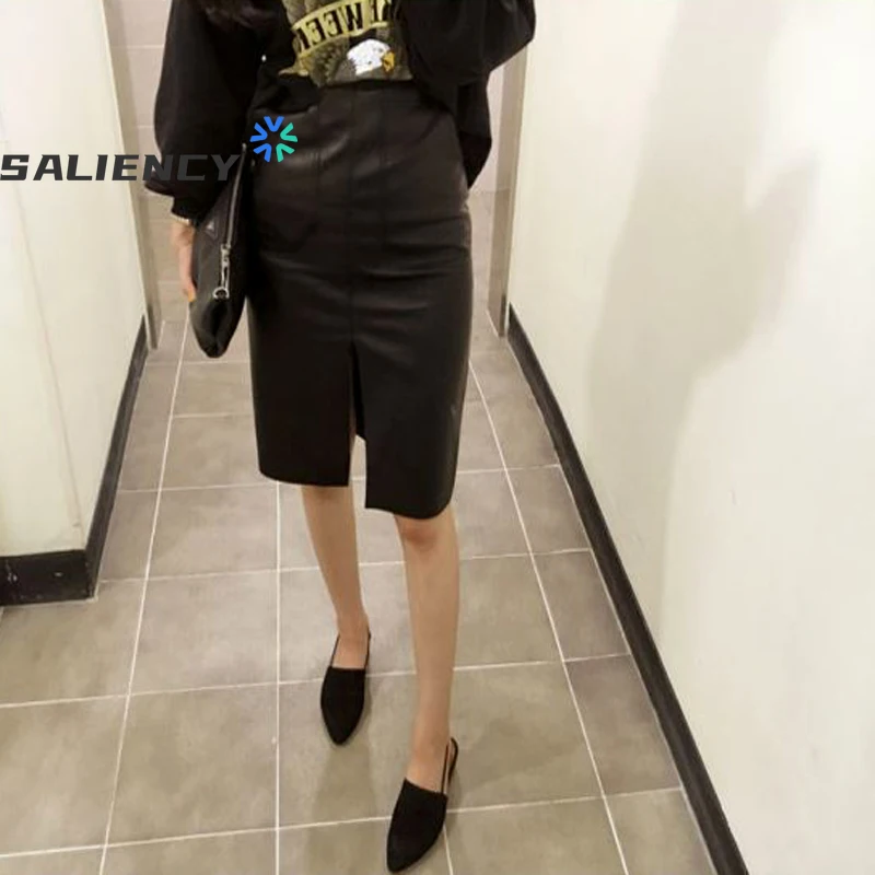 

SALIENCY Women Casual PU Leather Midi Skirt Ladies Faux Leather Pencil Skirt Hip Wrapped Back Zip High Waisted Custom