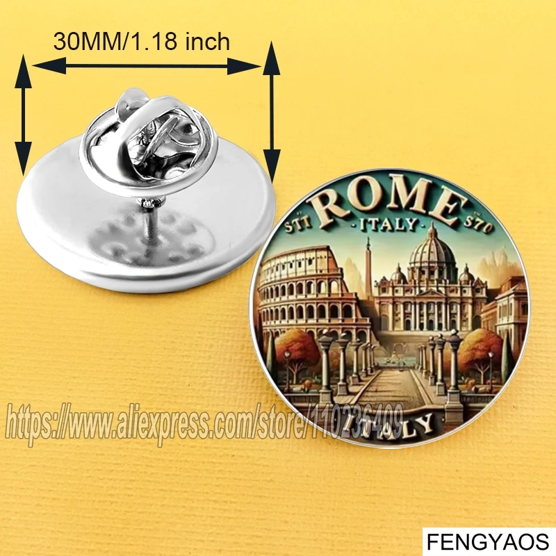 Stainless Steel Vintage Rome Italy Landmark Metal Brooch Pin Colosseum Travel Souvenir Lapel Badge