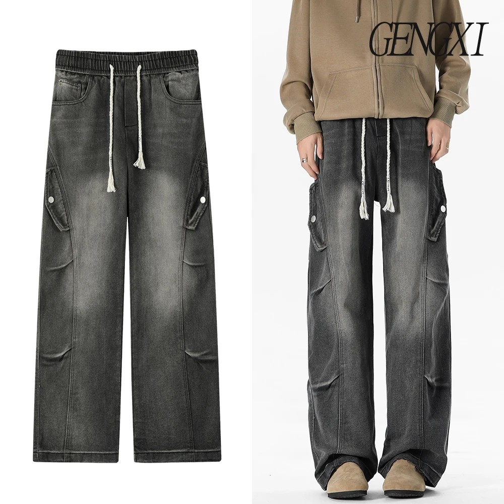 

New Men's Washed and Aged Multi-Pocket Black Workwear Jeans Vintage American Frayed Drag Trousers Large Size Wide Leg Straight