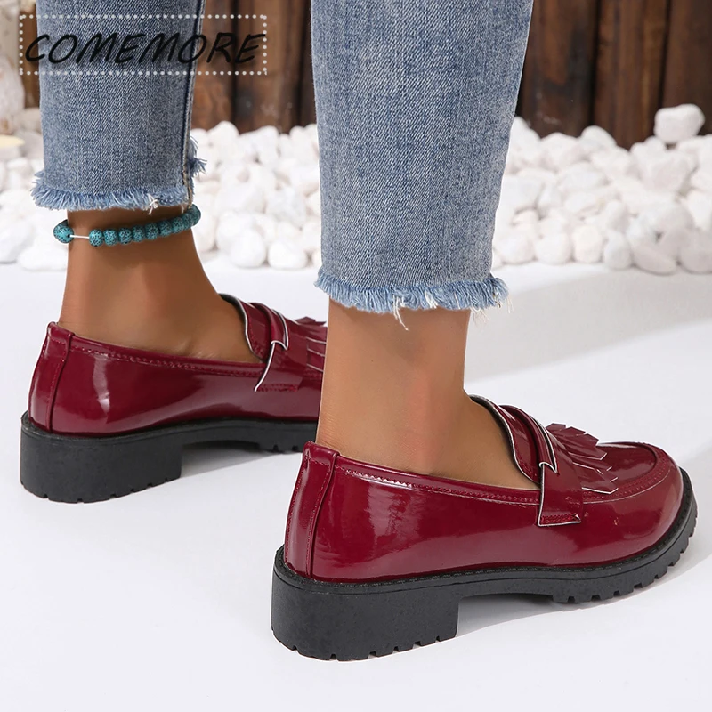 Black Patent Leather Platform Loafers Women Fashion Tassels Shallow Flats Shoes Woman British Style Middle Heels Office Shoes 42