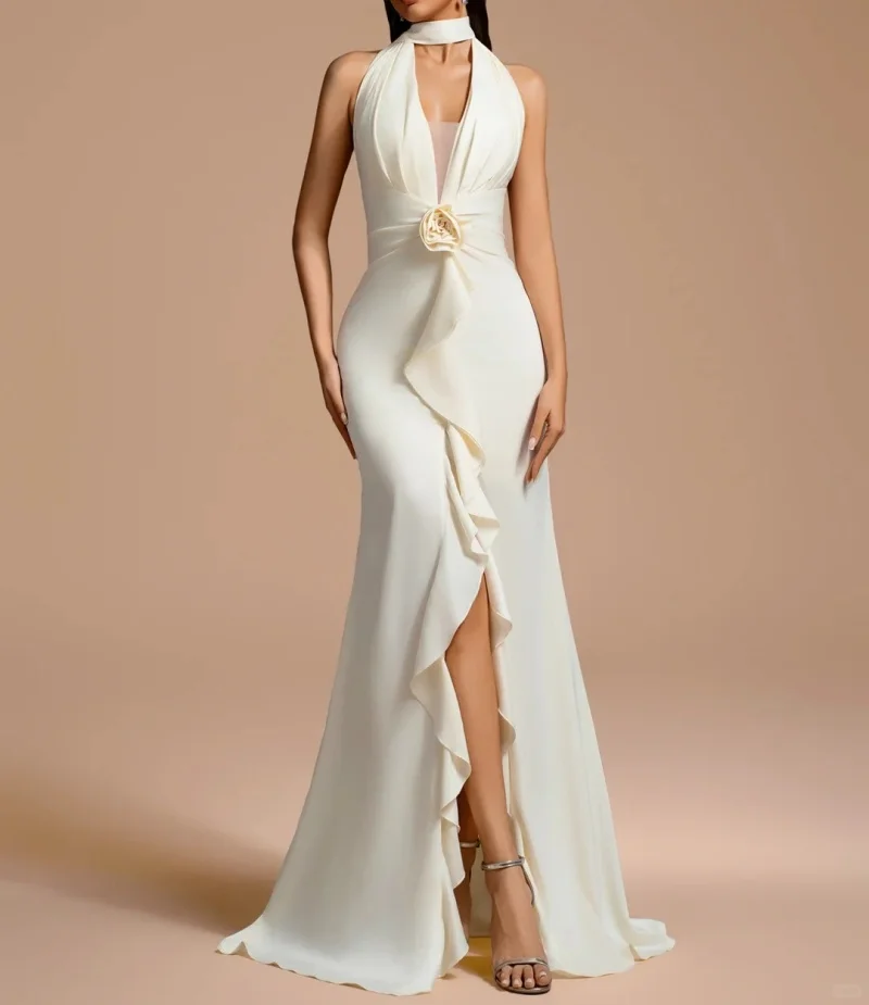 

Customized Exquisite Handmade Long Dress with Flower Pleat Halter Neck Straight Irregular Design for Bespoke Occasion Retro