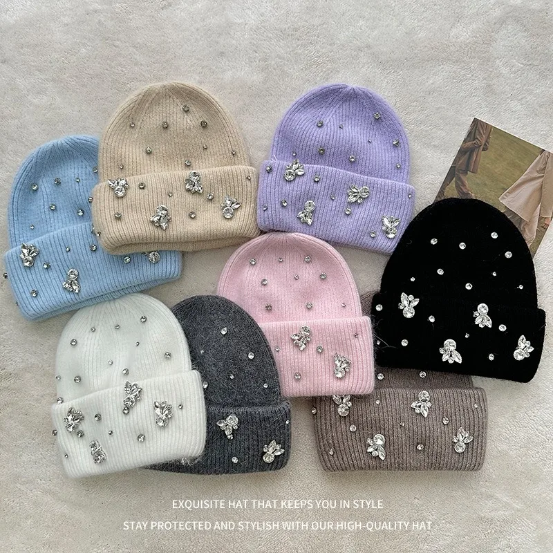 Luxury Rhinestone Knit Hat Women Winter New Korean Big Head Beanies Wind  Cold Warm Ear Protection Skullies Hat