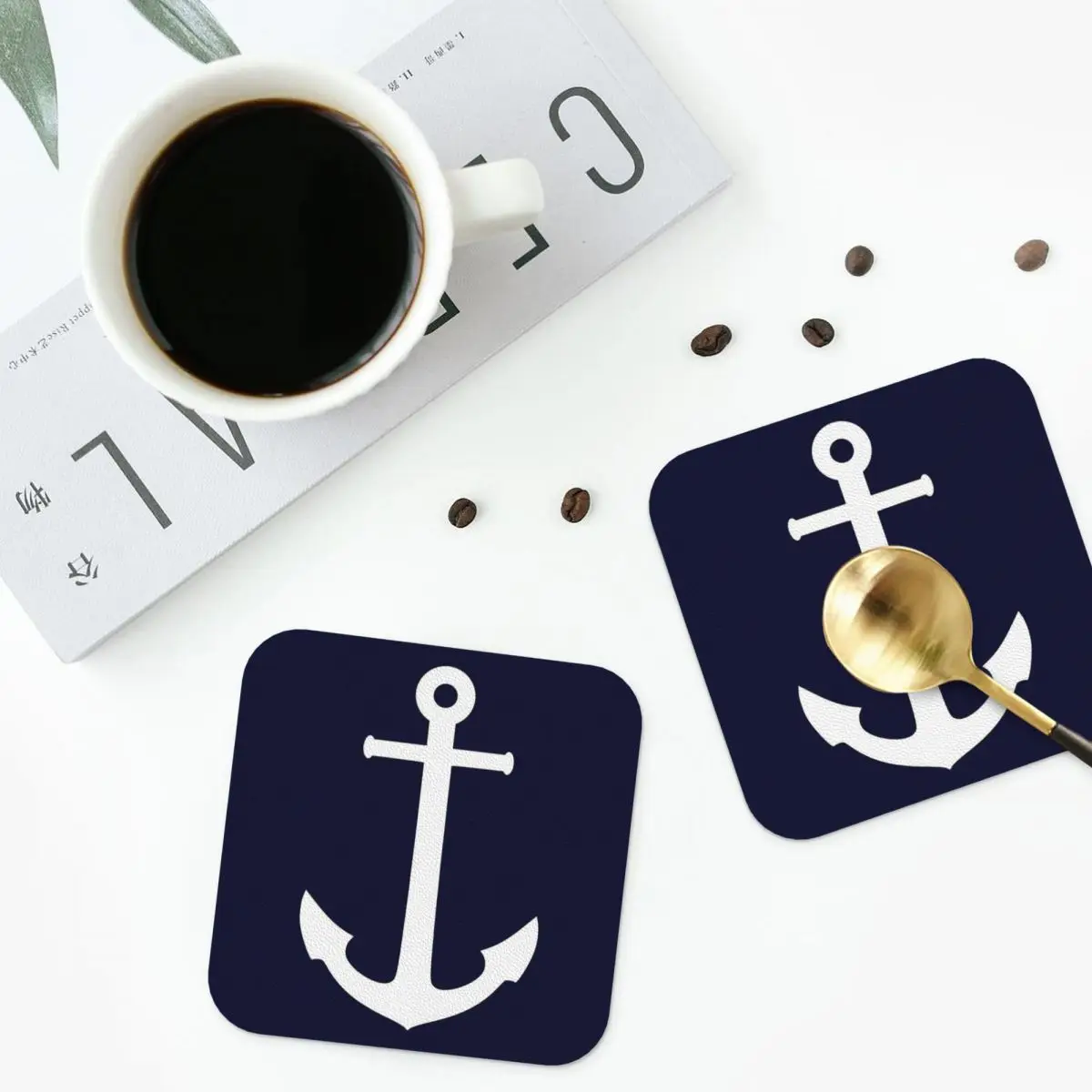 White Anchor On Navy Blue Coasters Decoration And Accessories For Table Utensils For Kitchen Placemats Napkins Coffee Mat