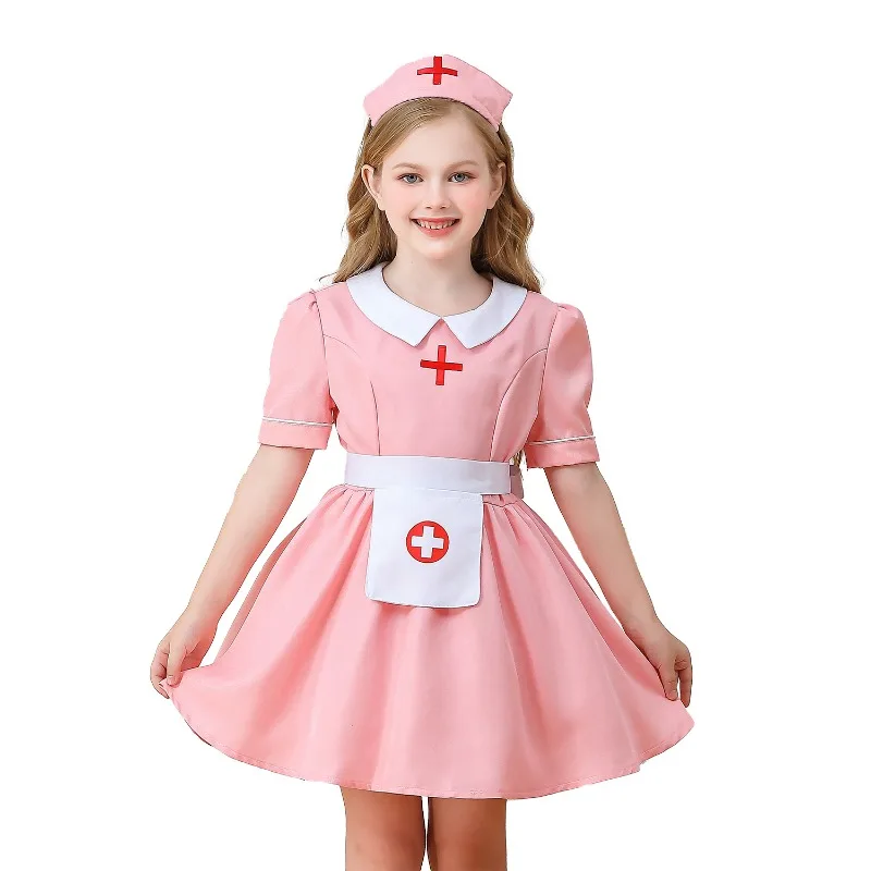 Girls Doctor Cosplay Nurse Costume Pink Dress Cute Uniform Hospital Workwear Stage Performance Outfits Halloween Carnival Party view 5