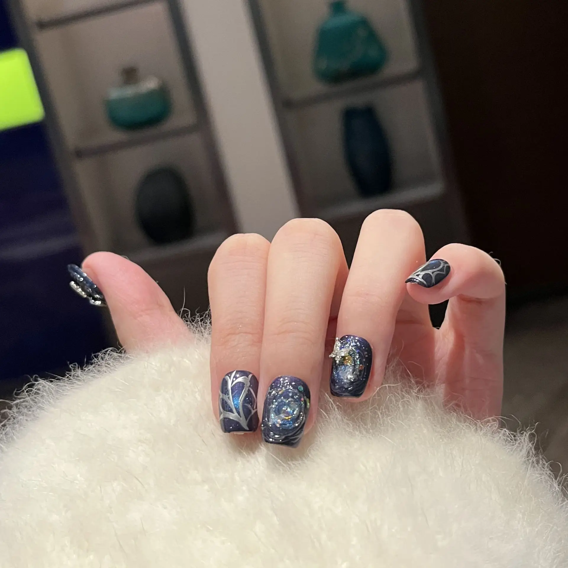 10PCS Luxus Kurze Quadratische Handgemachte Presse auf Nägel Süße Kühle Lila Katze Auge Schmetterling Blume Falsche Nägel Glitter Pailletten maniküre