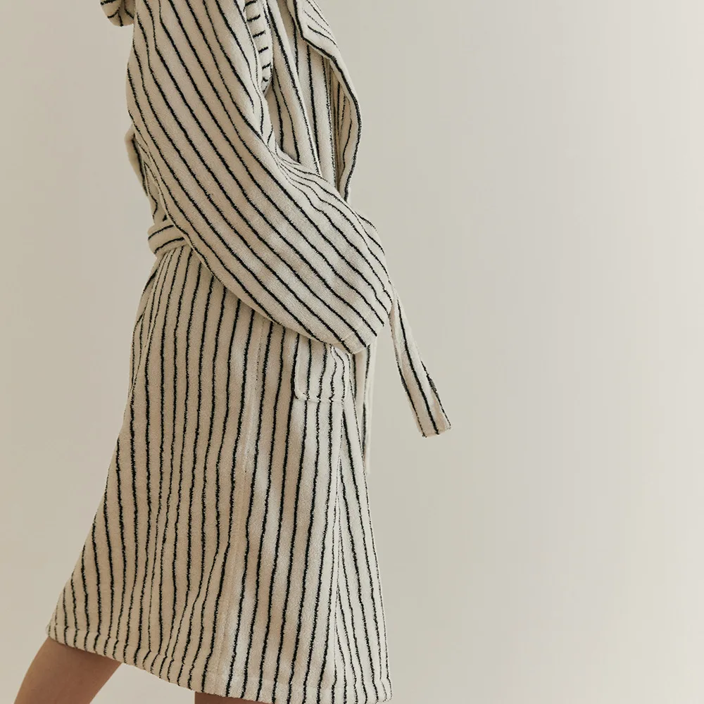 Simple Stripe Couple Terry Robe Thicken Long-Staple Cotton Hooded Kimono Bathrobe Gown Sleepwear Autumn Winter Warm Home Dress