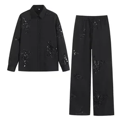 PB&ZA2024 Summer New Fashion Women's Polo Collar Long Sleeve Beaded Embroidered Shirt Straight Leg Pants Set