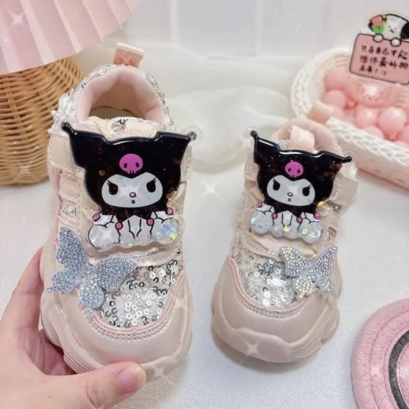 Girl Sneakers Hot Sanrio Kuromi Hello Kitty Kawaii Children Pink Casual Shoes Leather Face Butterfly Cartoon Lovely Gift New