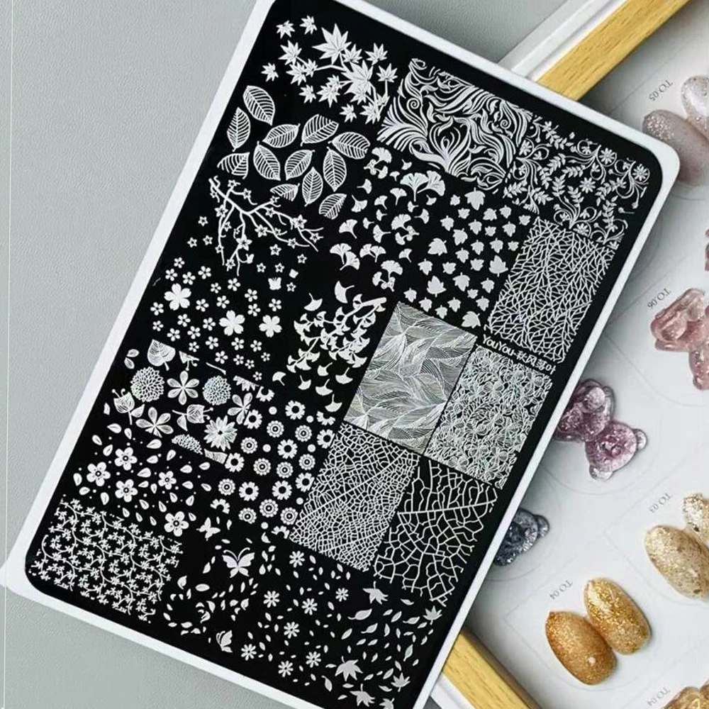 Placas de estampado de uñas de hoja de arce, 15x10cm, plantilla de impresión de esmalte de uñas de flor de hoja de otoño, molde de plantillas para decoración de uñas de acero inoxidable
