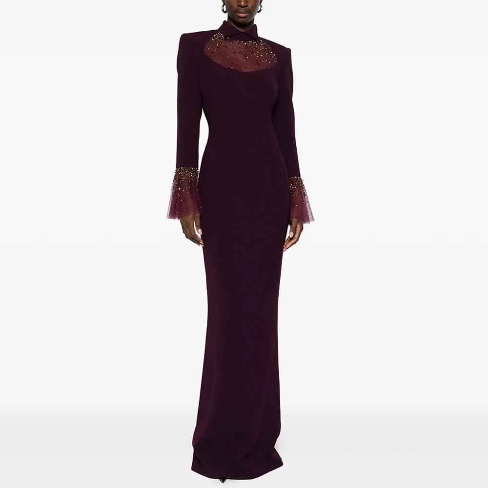 Modisches Meerjungfrau-Abendkleid, maßgeschneidert, Stehkragen, lange Ärmel, Perlenstickerei, Stein, Rückenschlitz, arabisches Abendkleid, Partykleider