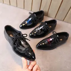 Boys' dance leather shoes 2024 new pointed British style fashion performance student lace up soft sole single leather shoes