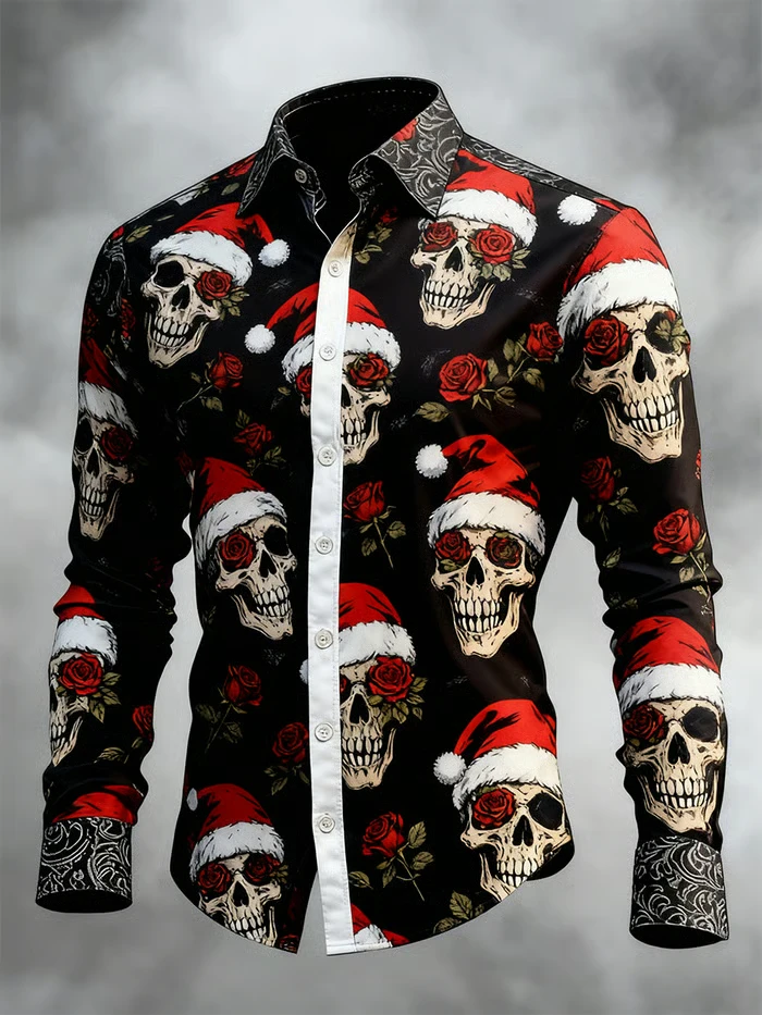 Gothic Christmas Skull Print Men's Long-Sleeve Shirt with Christmas Tree and Skull Print, Casual Fit for Christmas Celebrations