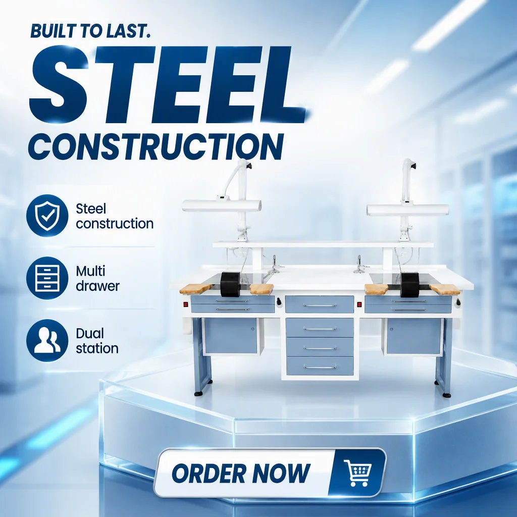 Electric Dental Lab Workstation Double Station Steel with Dust Extraction System and LED Lamps CE Certified