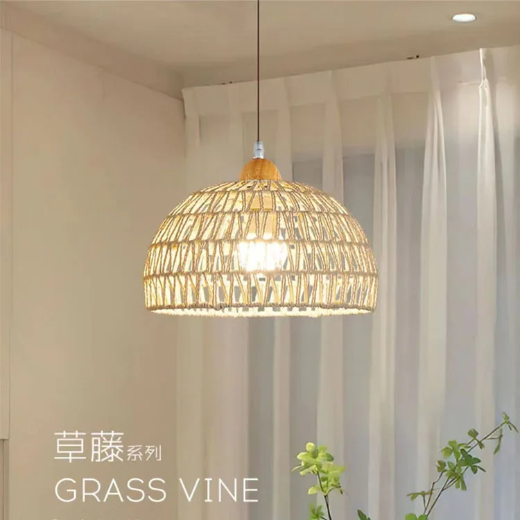 Wooden Rattan Pendant Light for Dining Room Table Bar, Japanese Cream Vintage Hanging Lamp for Bedroom Balcony, Home Decor