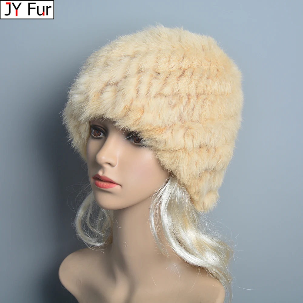 Russian Women Good Elastic Real Rabbit Fur Skully Hat Lady Winter Warm Knitted Genuine Rabbit Fur Hats Outdoor Fluffy Fur Caps