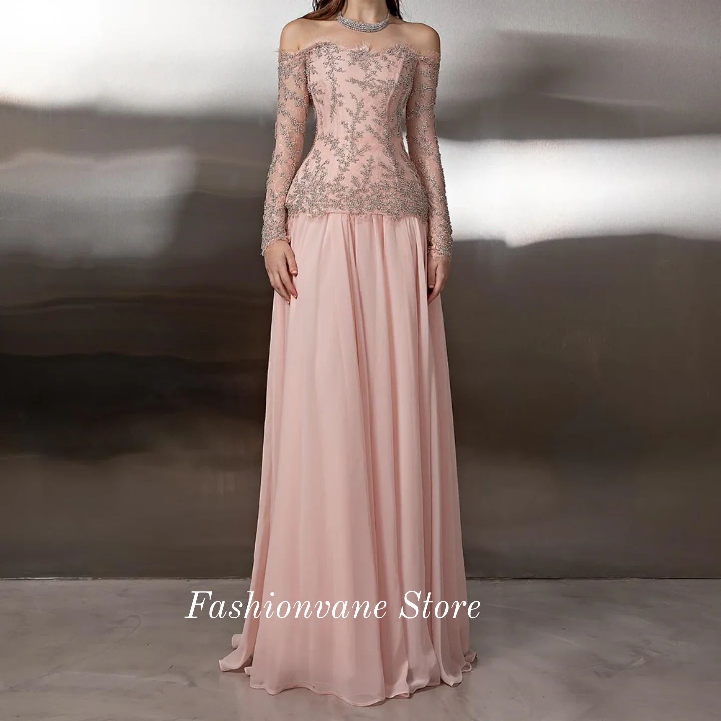

Pink Prom Dresses Off The Shoulder A Line Full Sleeve Floor-length Evening Gown Fashion Sequined Customized Party Dress