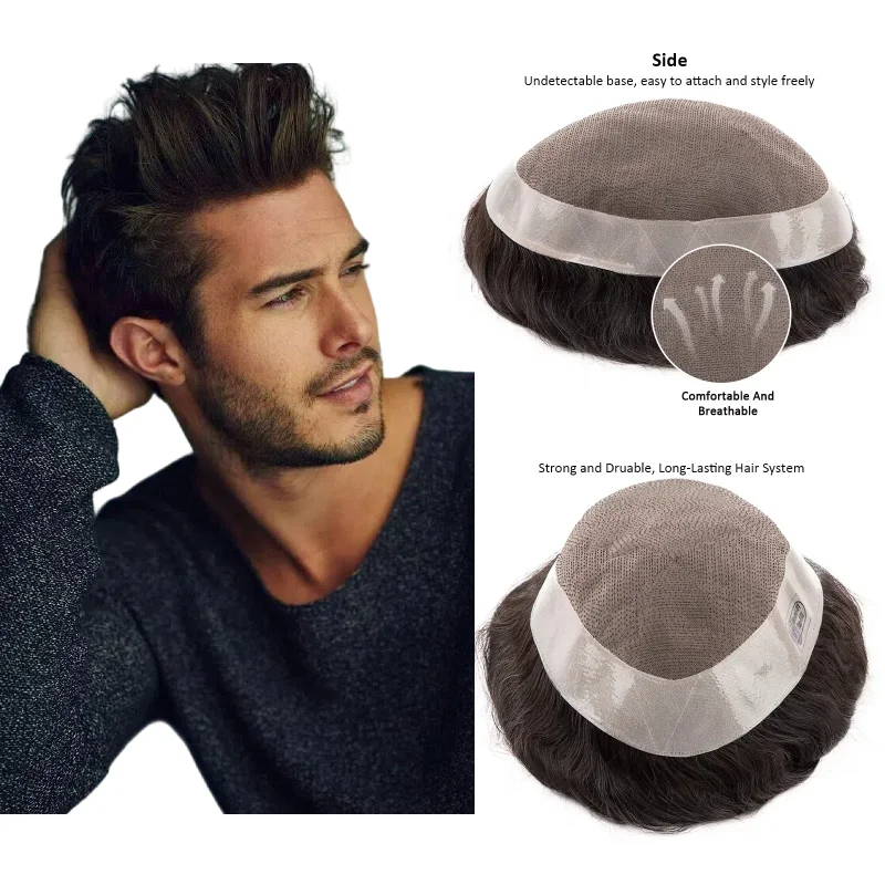 

Men's Hairpiece Mono Base & Lace+PU D7-3 | Human Hair Toupee With Graduated Density For Natural Look Wig