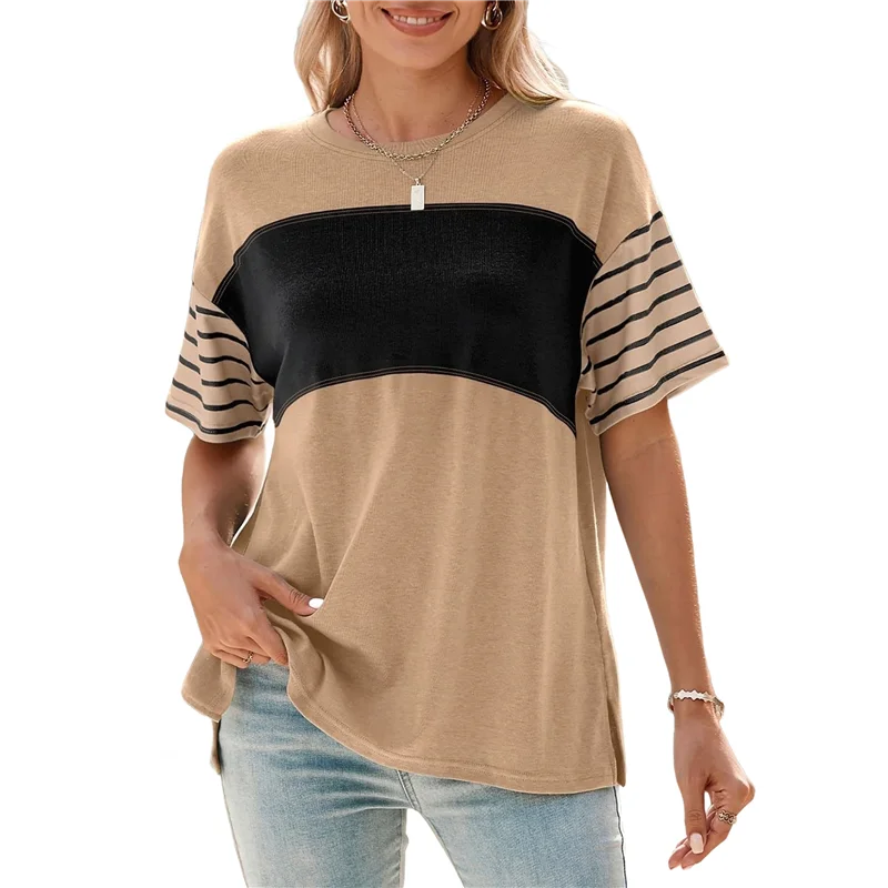 ABRT- Camicette da donna estive oversize 2025 girocollo casual a righe color block