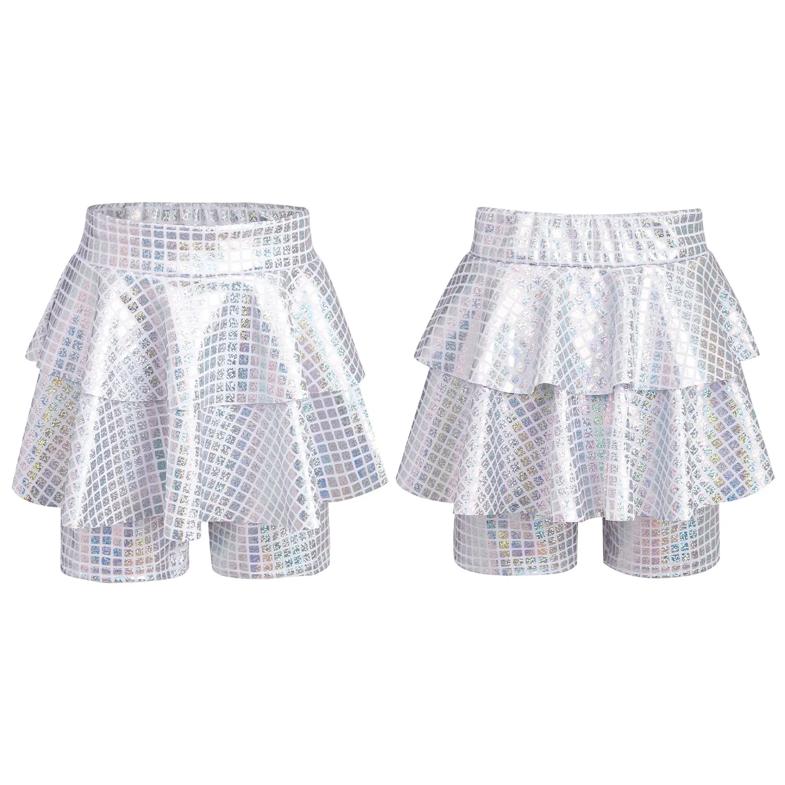 

Girls Metallic Shiny Plaid Skirted Shorts for Dancing Tap Tango Skating Performance Elastic Waistband Culotte Modern Dancewear