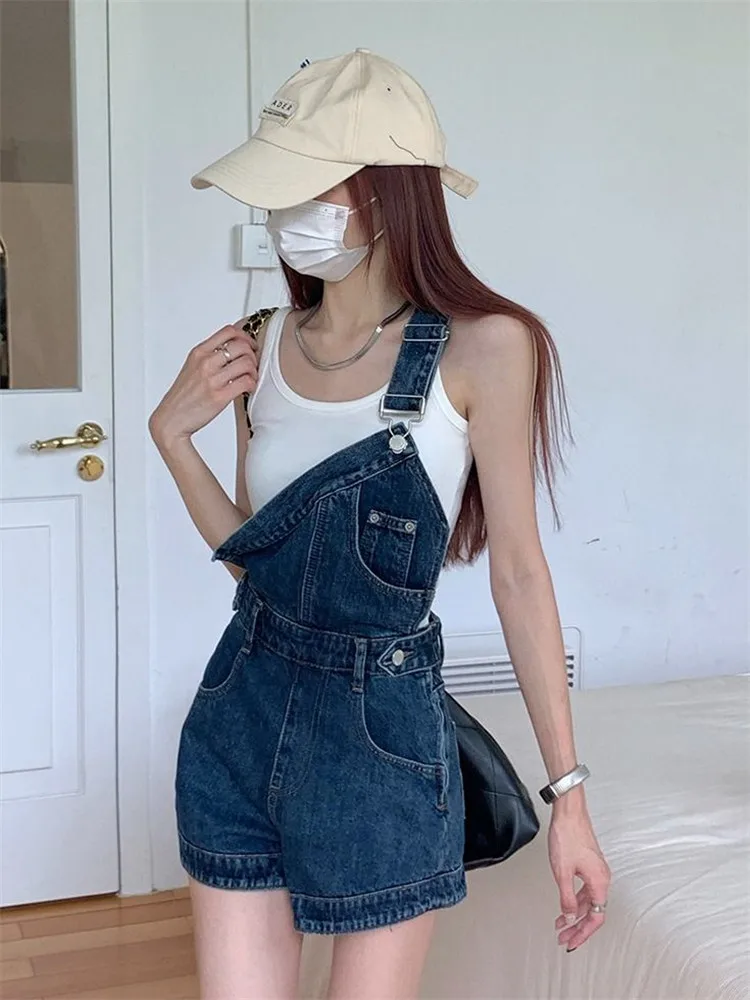 Denim Rompers Women Preppy Style Summer New Streetwear Baggy All-match Asymmetrical Design Chic Popular jumpsuit Korean Clothes